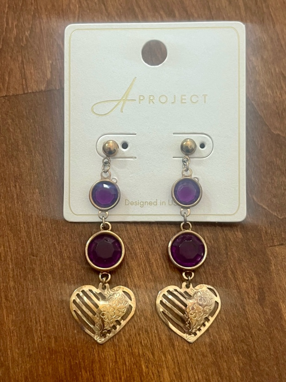 Gemstone & Gold Heart Pretty Dangle Earrings-New